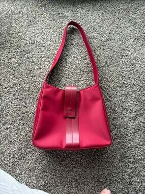Vintage Mossimo Red Nylon Mini Shoulder Bag with Faux Leather Strap Detail